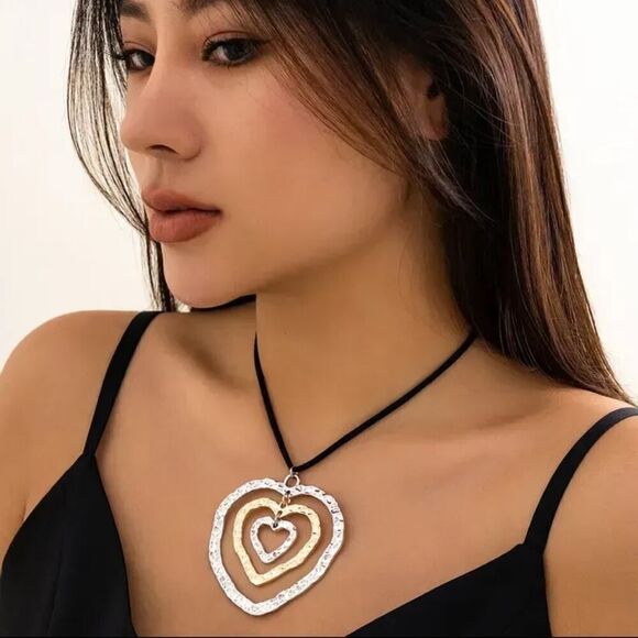 Gold and Silver Tone Heart Medallion Leather Cord Pendant Necklace - Picture 1 of 14